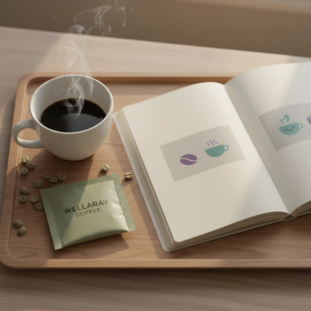 Frühstückstablett von oben mit Kaffeetasse, Wellaray Coffee Sachet und Notizbuch